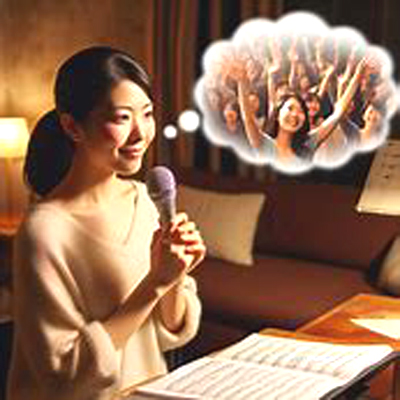 人前で歌っているイメージをしながら歌い練習に励む
